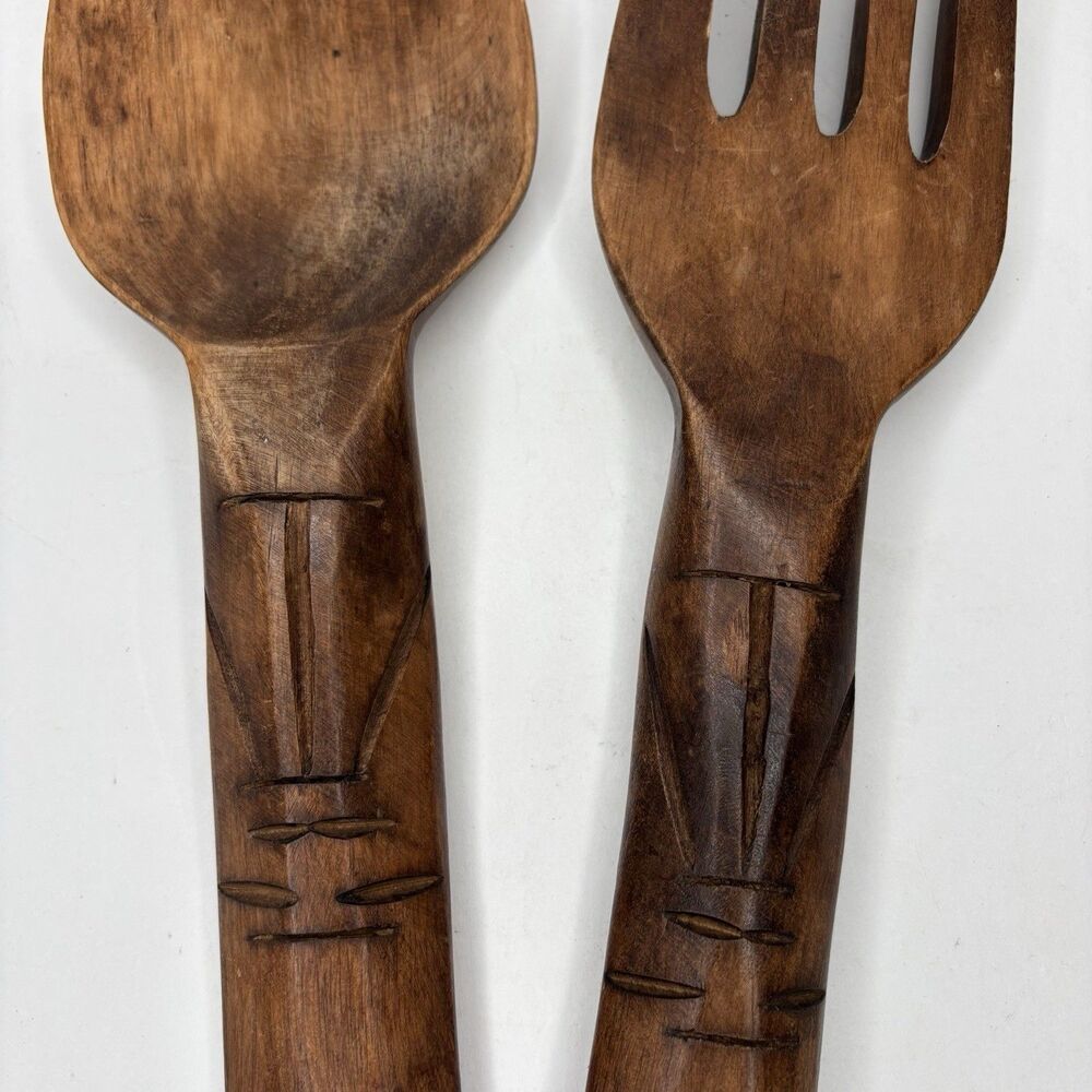 Vintage Made in Philippines 12” Carved Wood Salad Serving Spoon Fork Set MCM - Picture 3 of 16